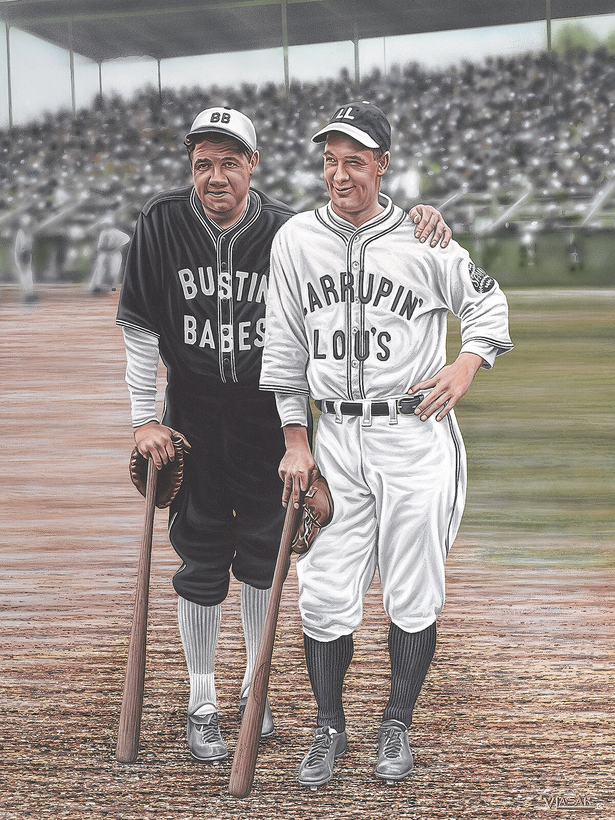Babe Ruth And Lou Gehrig Artwork On Canvas by Darryl Vlasak Print