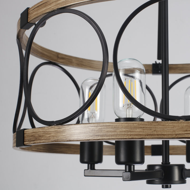 Reback 4- Light Dimmable Rustic Farmhouse Geometric Drum Chandelier with Metal Accents for Kitchen Island Entryway Foyer Bedroom Hallway