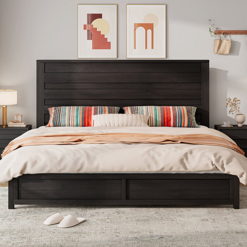 Marro Farmhouse Overlapped Wood Platform Bed, Black, King