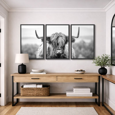 Animaux, photographie de vache Highland noir et blanc, photos de ferme rustique moderne, impression sur toile giclée sur toile, 16 po x 24 po x 3 pièces, 24 po x 36 po x 3 pièces