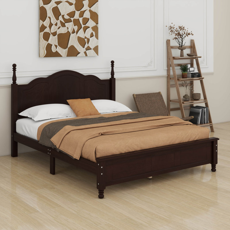 Cadre de lit plateforme en bois, lit plateforme de style rétro avec support de lattes en bois, Lit double, Noyer foncé