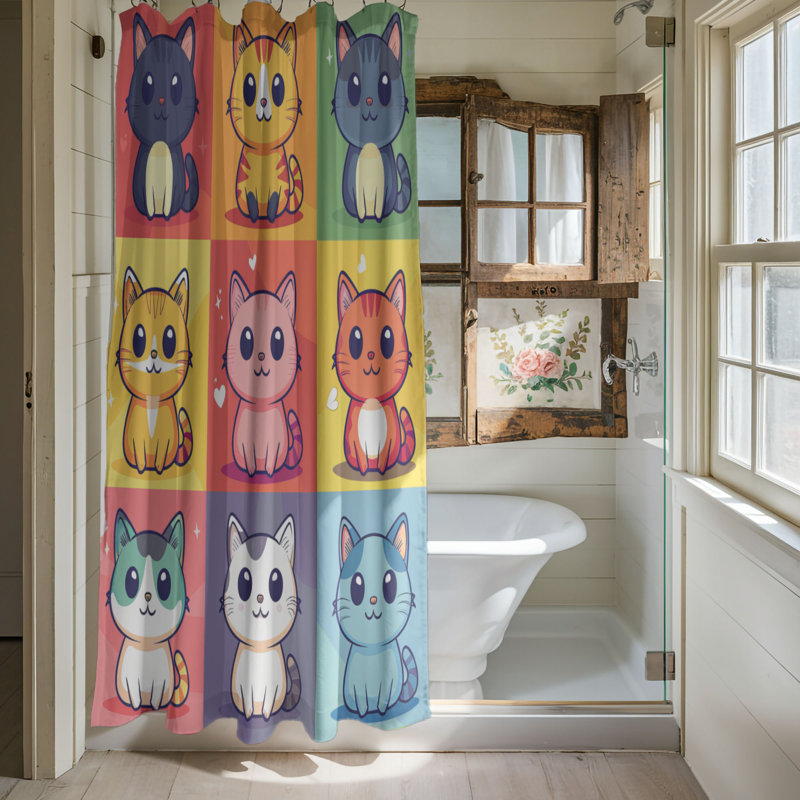 Rideau de douche Kawaii Meow - Premium, H 74 po x l 71 po