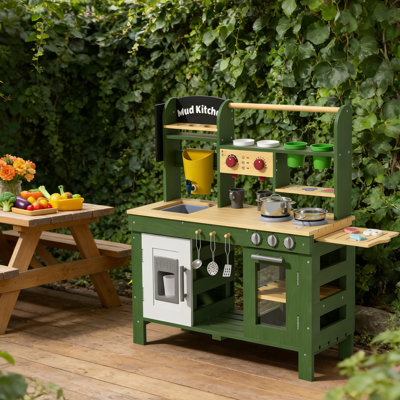 Cuisine de boue en bois pour enfants pour l'extérieur, cuisine de jeu avec barbecue, four, cafetière et machine à glaçons, ensemble d'évier à réservoir d'eau, ensemble de jeu pour grande cour avec accessoires pour tout-petits et enfants