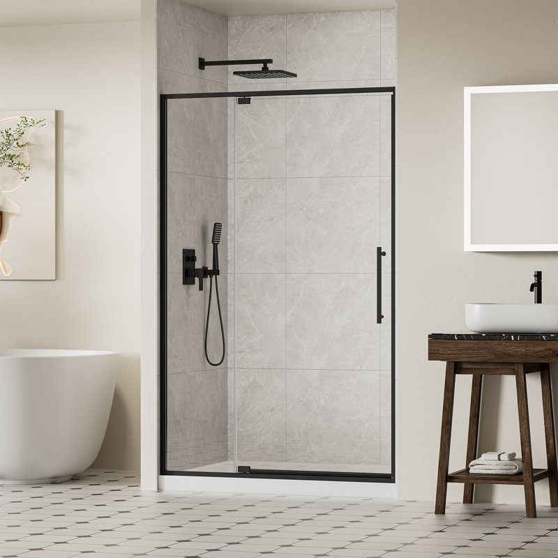 44-48"W X 74"H Pivot Swing Glass Shower Door, Pivot Frame Shower Door with 5/16" (8mm) SGCC Tempered Glass, Matte Black Finish Shower Doors, Sliding Glass Panel is Adjustable in Width