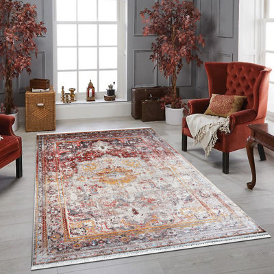 Tapis oriental en polyester tissé à la machine brun / rouge / crème Delatorre