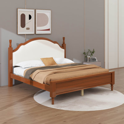 Classical Style Platform Bed With Linen Upholstered Headboard, Wooden Bed With Wood Legs And Wood Slats Support
