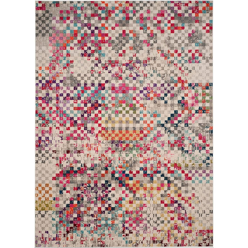 Tapis intérieur / extérieur gris / rouge / orange en polypropylène à motif abstrait tressé à la machine 5 pi 1 po x 7 pi 7 po