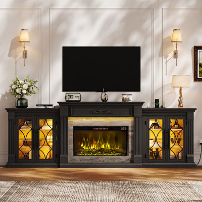 Meuble télé avec foyer Delville de 104 po, centre de divertissement avec éclairage à DEL et armoires de sortie et de rangement, grande console multimédia avec foyer électrique de 30 po aux flammes colorées, noir