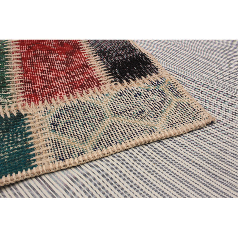 Tapis décoratif en laine noué à la main de conception unique noué à la main New Age 5 pi 8 po x 8 pi 5 po en bleu sarcelle/rouge/gris