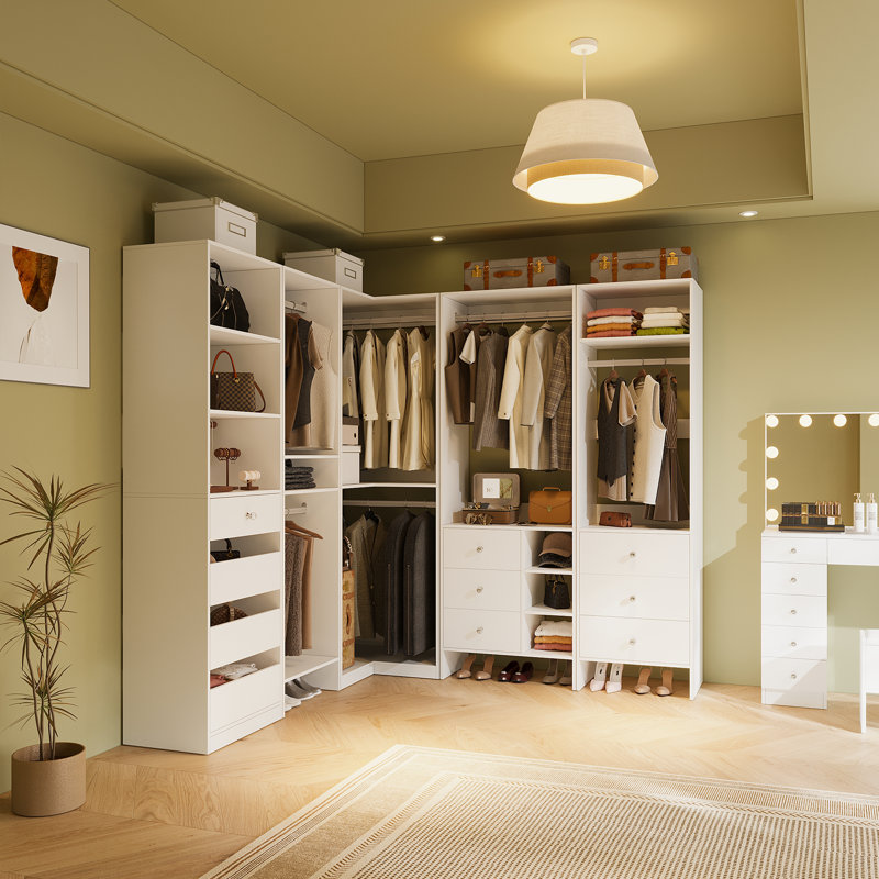 Système d'organisation modulaire pour garde-robe, organisateur de garde-robe autoportant blanc avec tringles, tiroirs et tablettes ouvertes