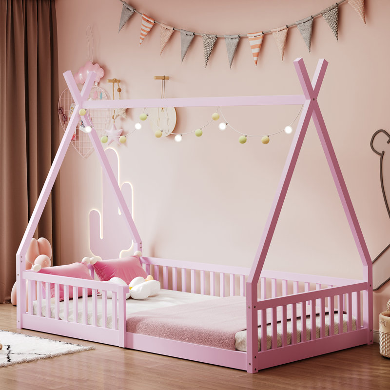 Lit simple en bois avec clôture, rose, Rose