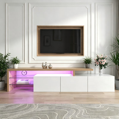 Wetherly White High Gloss TV Stand With LED Lights,Extendable Media Console For TVs Up To 85 Inch