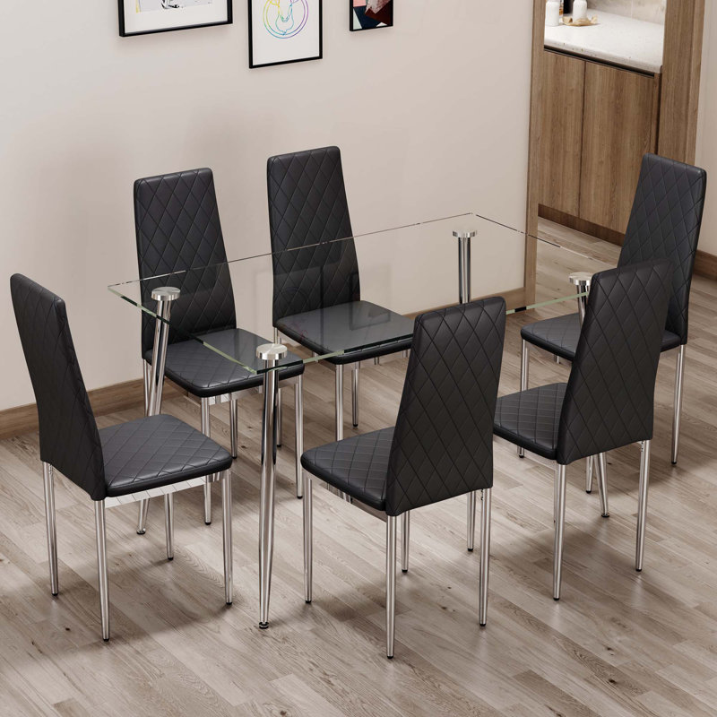 Ensemble de table et de chaises. Table de salle à manger rectangulaire avec plateau en verre trempé et pieds en métal plaqué, jumelée à 6 chaises à dossier haut sans accoudoirs à carreaux avec pieds en métal galvanisé