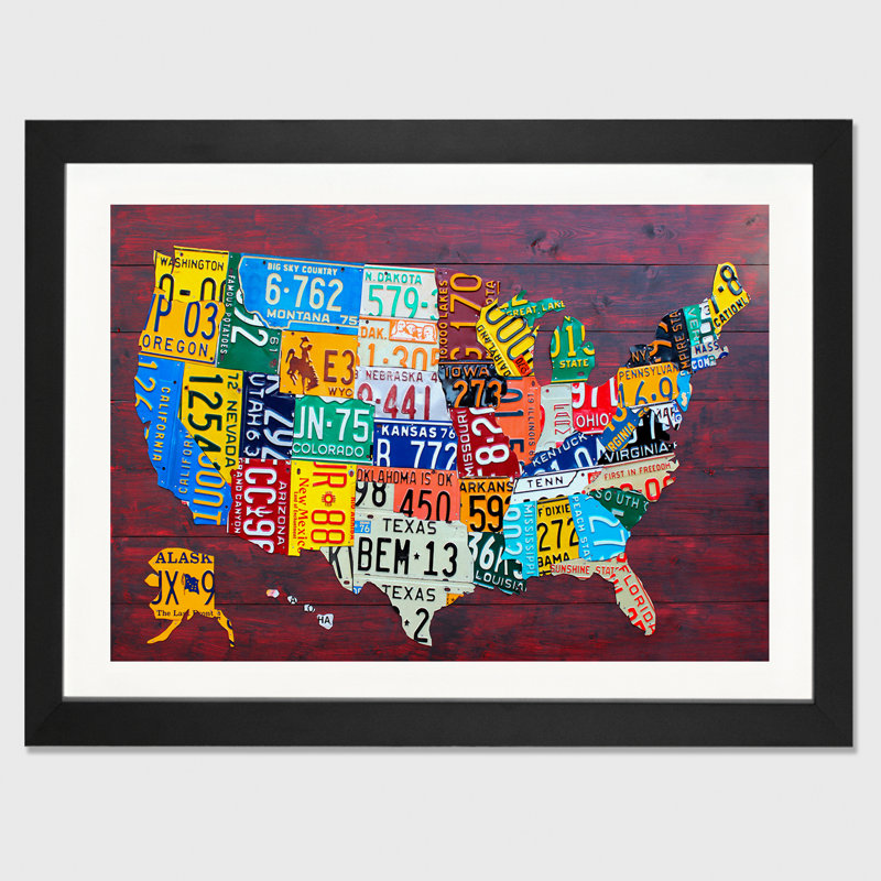 «USA Recycled Licence Plate Map VII» par Design Turnpike, impression, H 24 po x l 32 po x P 1 po, Cadre noir