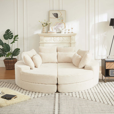 Corduroy Round Oversized Recliner, Converts into Two Recliners, 2-In-1 Sofa Bed, Neck Pillow Design With Five Throw Pillows