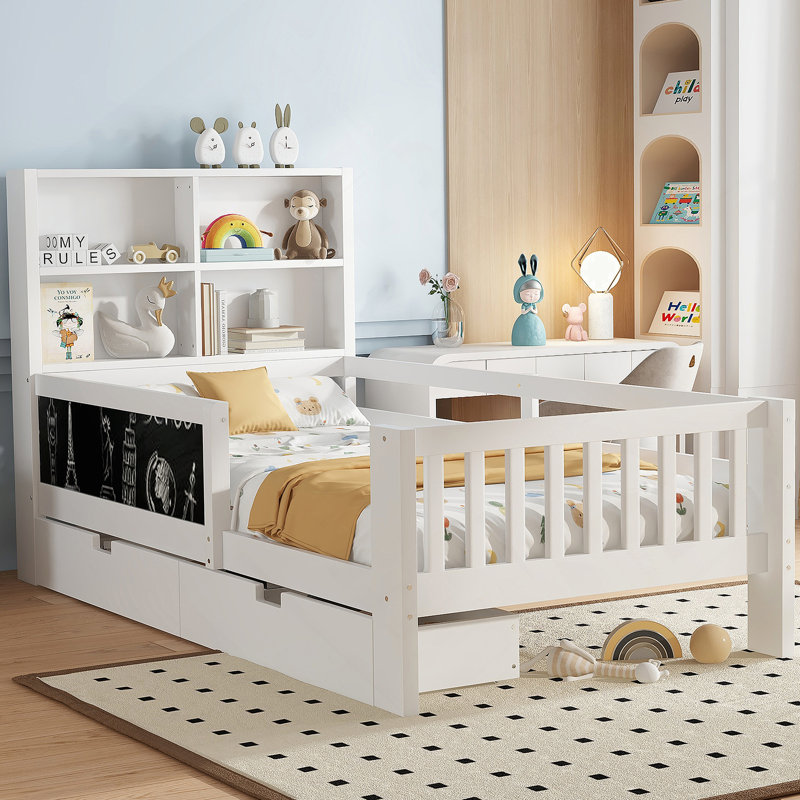 Lit plateforme simple avec tableau noir, lit plateforme en bois massif avec tiroirs et tablettes de rangement, design amusant et peu encombrant, blanc