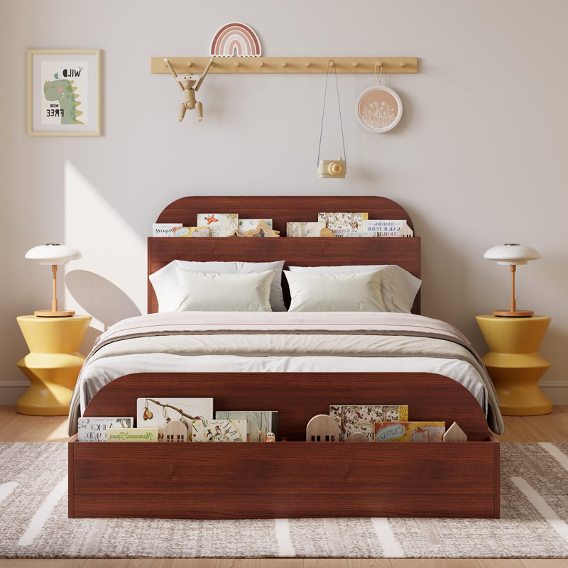Base de lit en bois avec tête de lit avec rangement - Lit plateforme pour petit avec pied surélevé, lattes en bois robustes (aucun sommier requis), assemblage facile