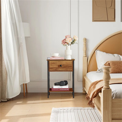 Modern Nightstand With Drawer & Storage Shelf – Industrial Metal Frame