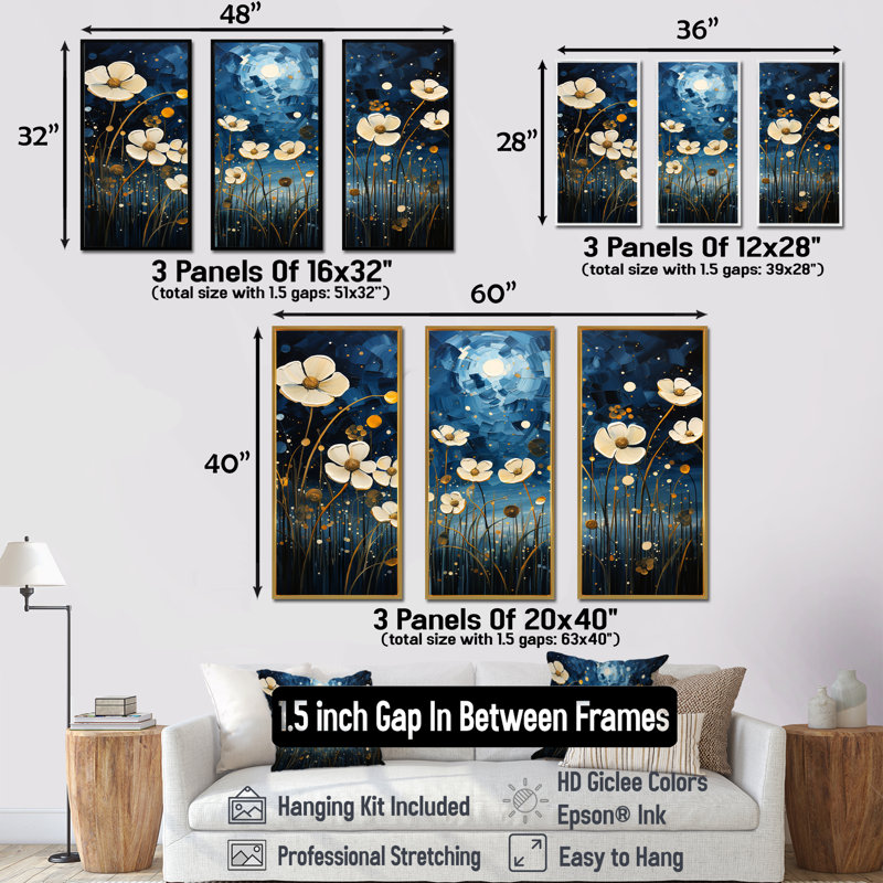«Midnight Indigo Buttercups II - Buttercups», ensemble de reproduction d'art mural, Cadre flottant blanc