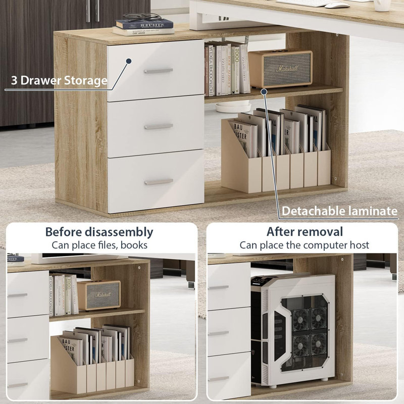 140cm Rotating L-Shaped Desk with 3 Drawers & Storage Shelves - Reversible Home Office Corner Desk, Oak/White, Oak
