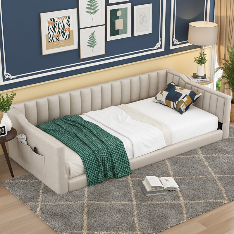 Twin XL Upholstered Daybed with Side Storage Pocket - 87" Wide Beige Velvet Sofa Bed with Sloped Arms, Beige