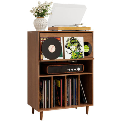 Record Player Stand With Vinyl Storage, Flip Top Media Cabinet, Audio-Video Stereo Cabinet,Mid-Century Turntable Table With Open Storage For Living Ro