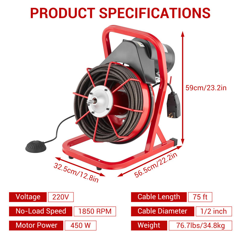 Powerful Electric Drain Cleaning Machine 75FT x 1/2" Plumbing Snake & Auger, 370W/400W Motor 4/6 Cutter Attachments Air-Activated Foot Switch Fits 1"-4" Pipes Ideal for Sinks Main Sewer Lines
