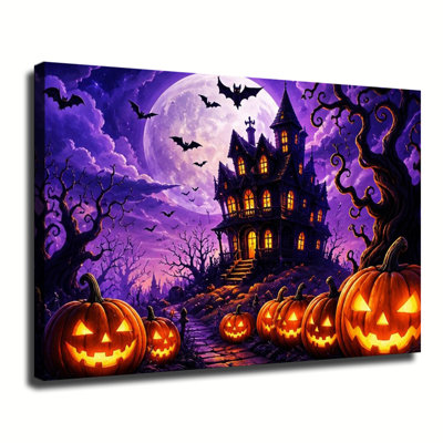 Haunted Mansion With Glowing Jack O Lanterns And Flying Bats Under Full Moon Halloween Canvas Wall Art, Purple Spooky Wall Decor