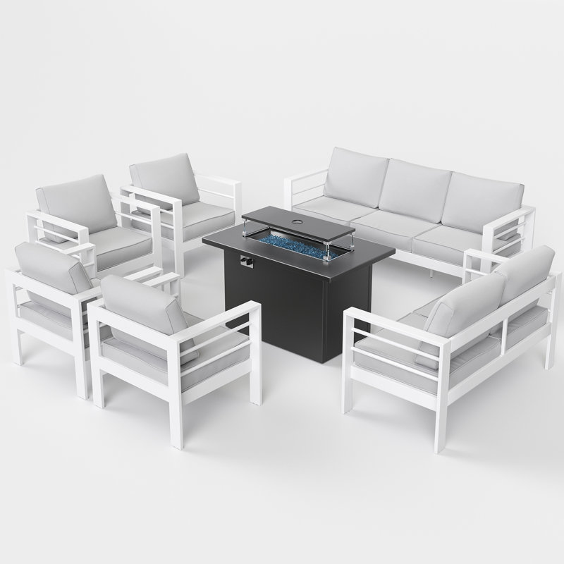 9 - Person Outdoor Seating Group With Cushions, Grey, White