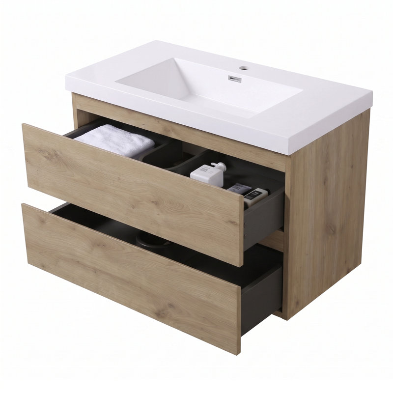 Meuble-lavabo suspendu de 91 cm (36 po) avec lavabo intégré en résine et carbonate de calcium, quincaillerie à fermeture amortie, découpes en forme de U, entièrement assemblé