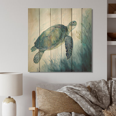 Aquarelle de tortue nageant III - animaux, art mural bois de tortue - bois de pin naturel