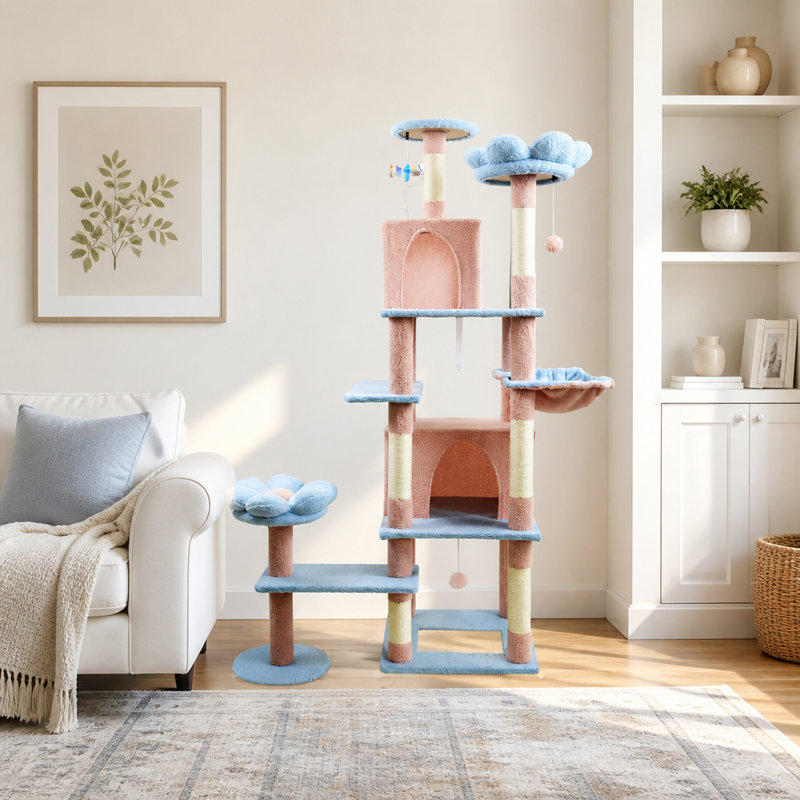 Arbre à chat 71 pouces avec grande maisonnette, coussin amovible et hamac pour grands chats, Blue