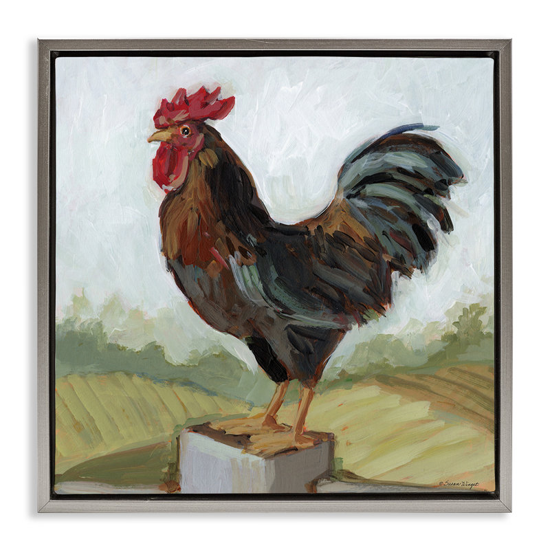 Coq perché sur une clôture, art mural sur toile flottante, design par Susan Winget, H 25 po x l 25 po