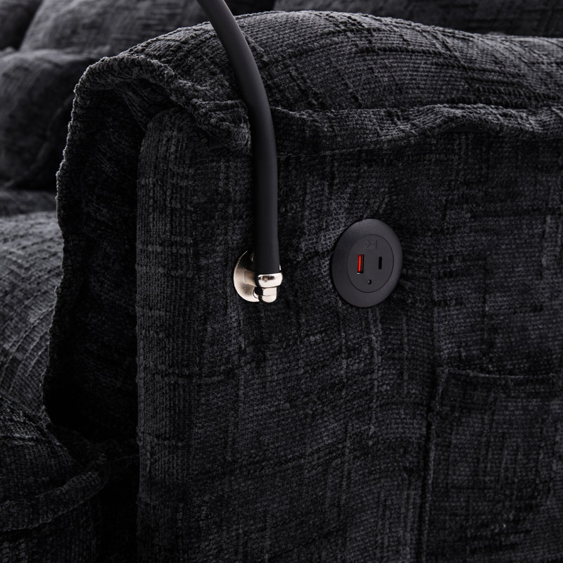 Canapé de 112 po pour salon en tissu de chenille en L, avec rangement et support pour téléphone modulaire moderne en chenille surdimensionné, assise confortable, support mobile