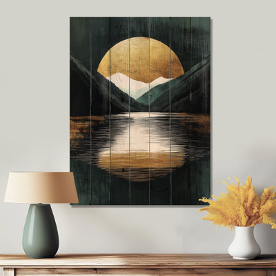 Lune sur paysage de montagnes lac audacieuses - Art mural en bois Lake House - sur bois de pin naturel