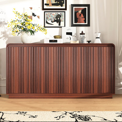 Noyer, meuble télé cannelé 4 portes, prise de courant, 3 rangements réglables, accessoires multimédia, jeux de société, vaisselle