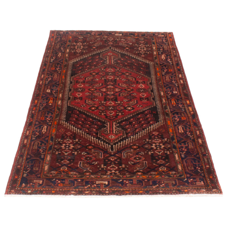 Tapis rouge foncé en laine noué à la main de conception unique 4 pi 2 po x 7 pi 3 po Moana