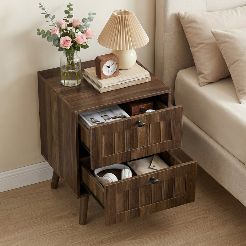 Medieval-style modern double-drawer bedside table with solid wood legs