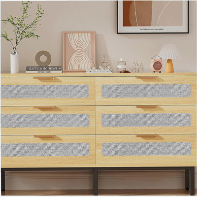 Commode 6 tiroirs pour chambre à coucher, commode en bois 6 tiroirs avec tissu en lin, chêne