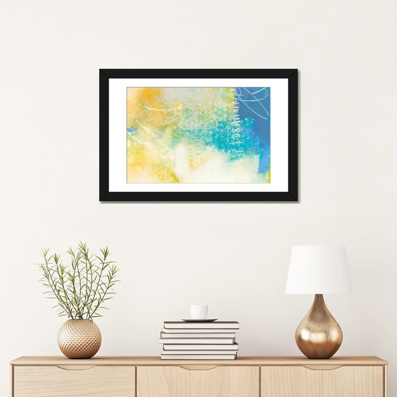 «Blue Lux I» par Sue Jachimiec, reproduction sur toile tendue, H 16 po x l 24 po x P 1 po, Papier avec cadre noir, Blanc
