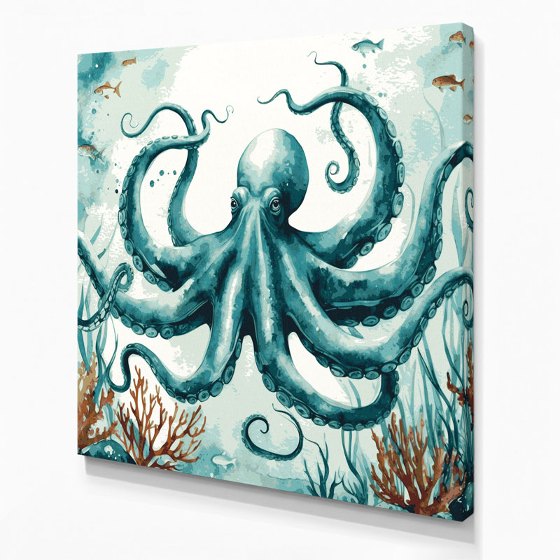 Art mural sur toile vert "Coastal Octopus Garden", H 32 po x l 32 po