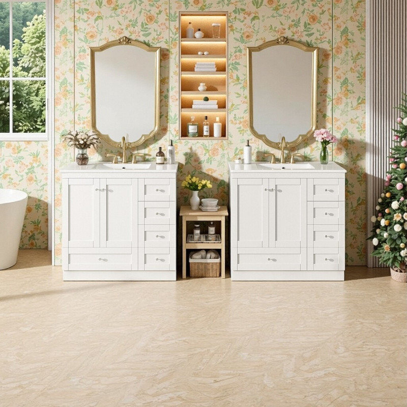 Meuble-lavabo autoportant de 72 pouces avec double évier en céramique à fermeture en douceur et 8 tiroirs de style shaker