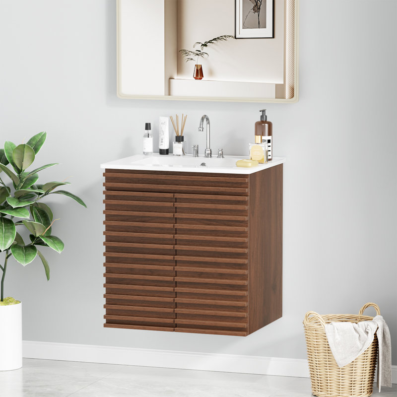 Wall-mount Walnut  Bathroom Vanity With Sink, 24"
