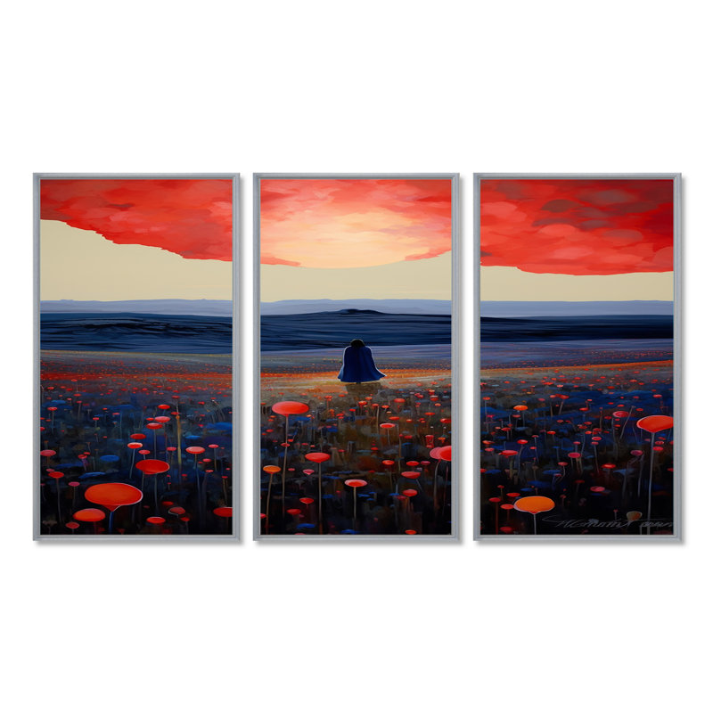 «Red Sky Blue Mountains Red Poppies - Meadow», ensemble de reproduction d'art mural, H 28 po x l 36 po x P 1 po