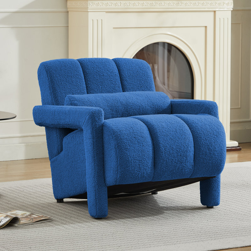 Chaise d'appoint rembourrée en laine d'agneau avec coussin décoratif Jakeim, Bleu