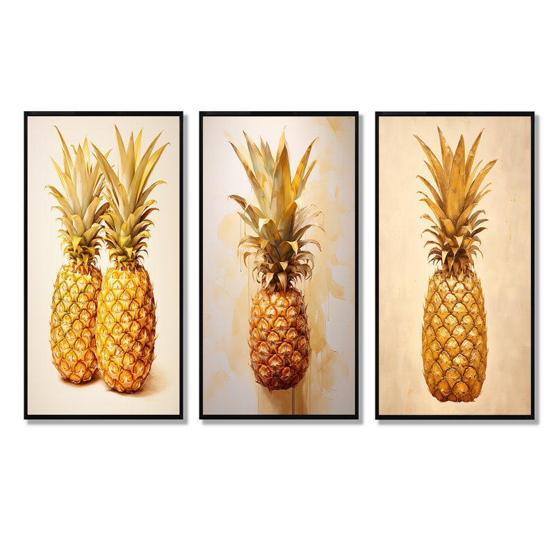 Pinapple Golden Grove - ensemble d'art mural sur toile 3 ananas, Cadre flottant noir, H 32 po x l 48 po