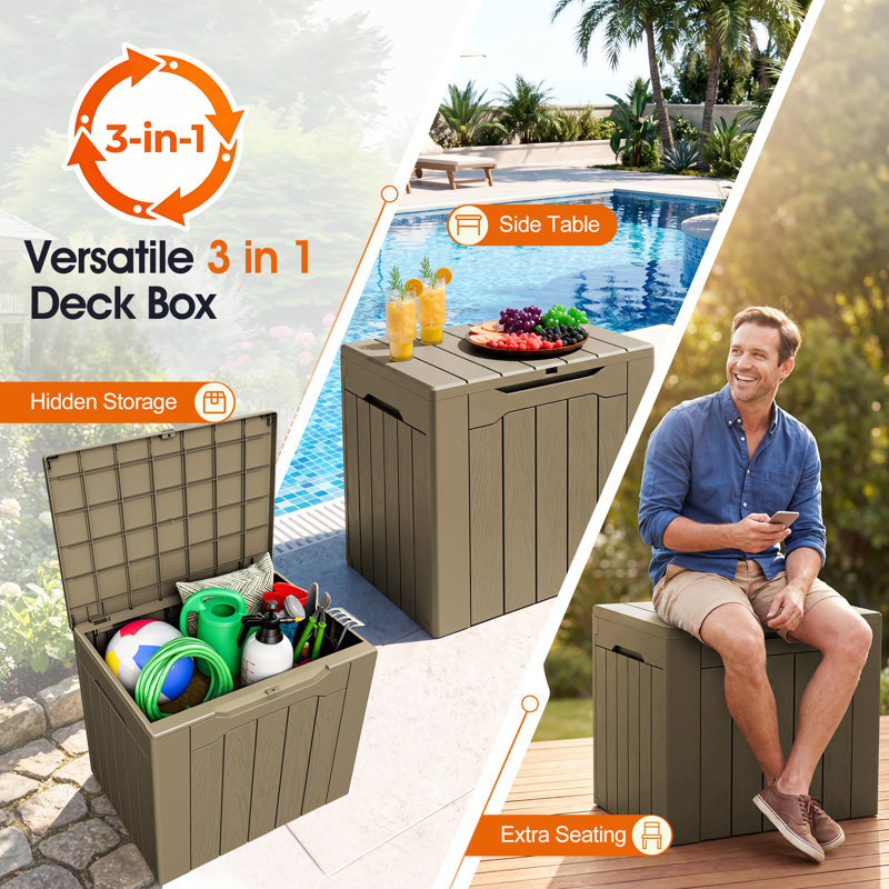 30 Gallon Waterproof Lockable Outdoor Resin Deck Box, Light Brown