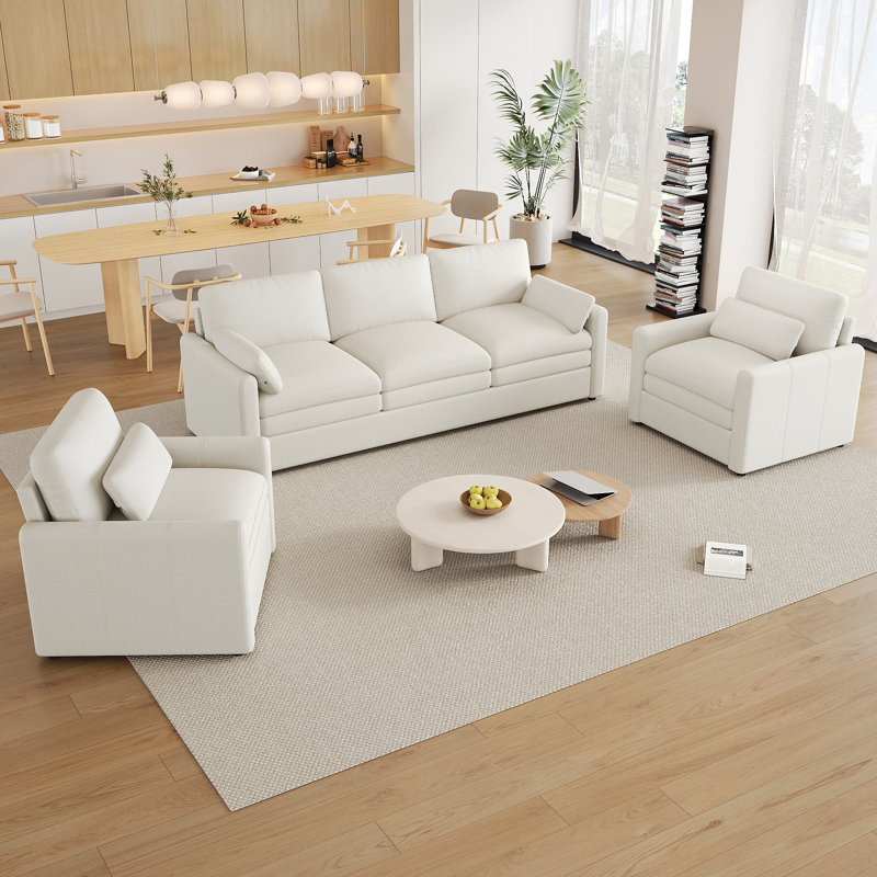 Oversized Cloud-Like Upholstered Sofa Set With Double Cushions, Beige, 2 Pcs: Chair;Sofa