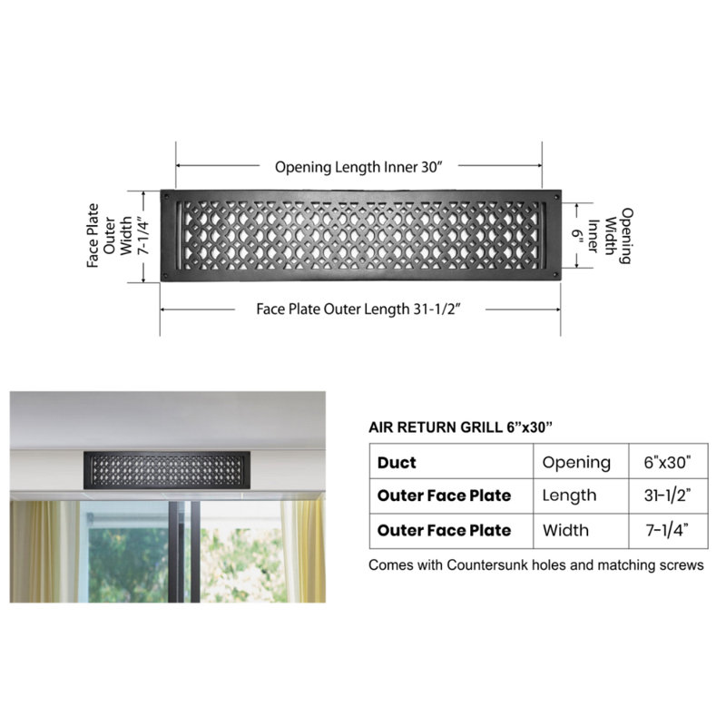 Grille murale en métal, Brun, 6 po x 30 po