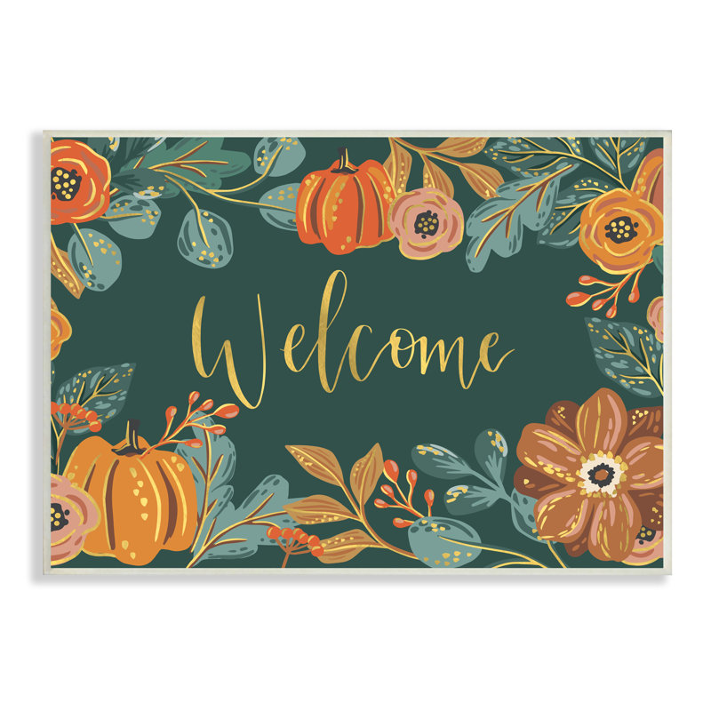 Citrouille, vendange, récolte, signe, vert, orange - Art textuel, Plaque murale, H 10 po x l 15 po x P 0,5 po